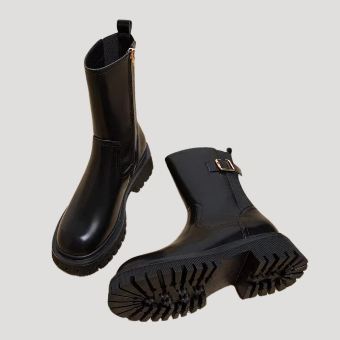 Side view of women's spring chunky mid-calf boots in black, ideal for casual wear