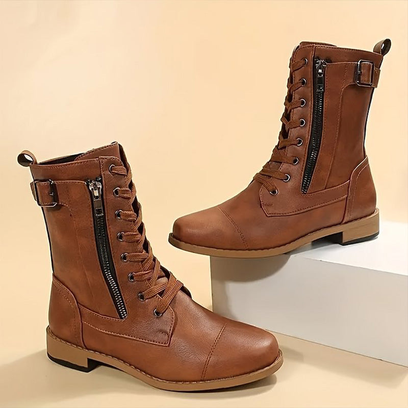 Action shot of women's combat boots walking, demonstrating their comfort and flexibility.