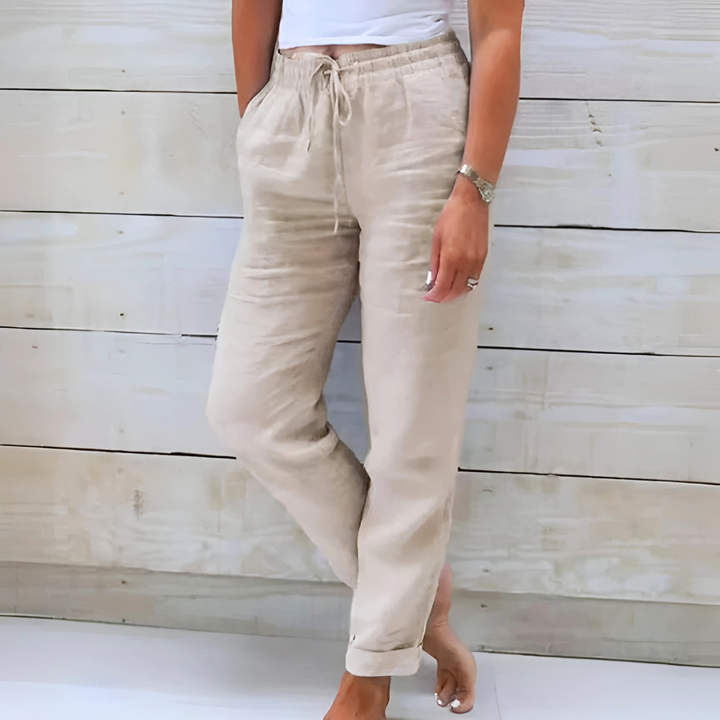 Relaxed fit women's straight leg pants with drawstring, perfect for breathable spring & summer casual comfort.