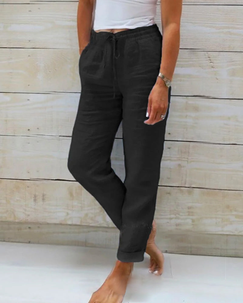 Casual women's drawstring straight leg pants, ideal for comfortable everyday wear & relaxed summer outfits.