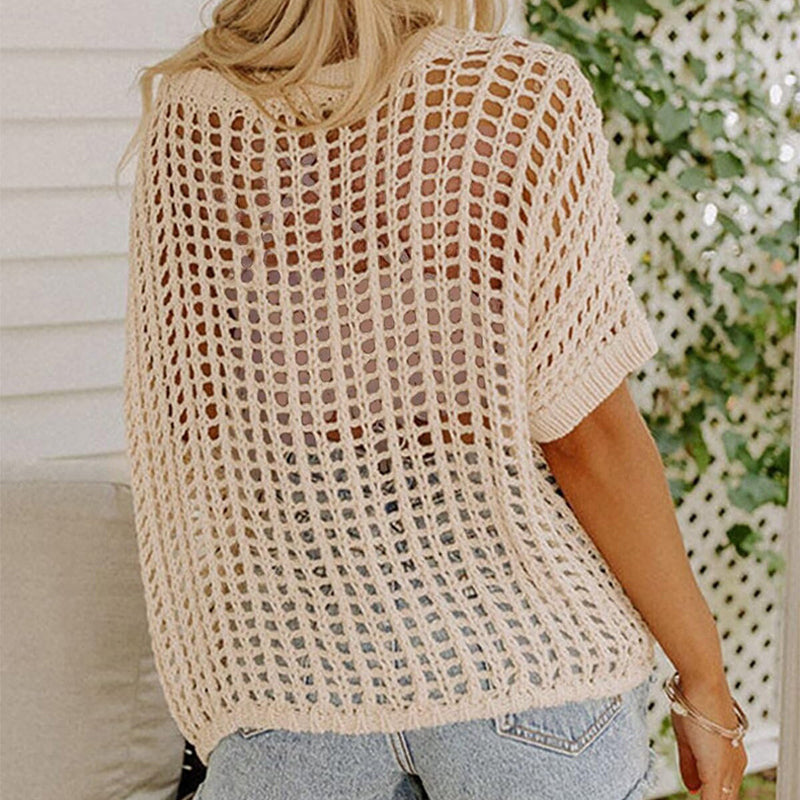 Casual women's fishnet knit short sleeve tee. Versatile mesh top for summer fashion and layering.