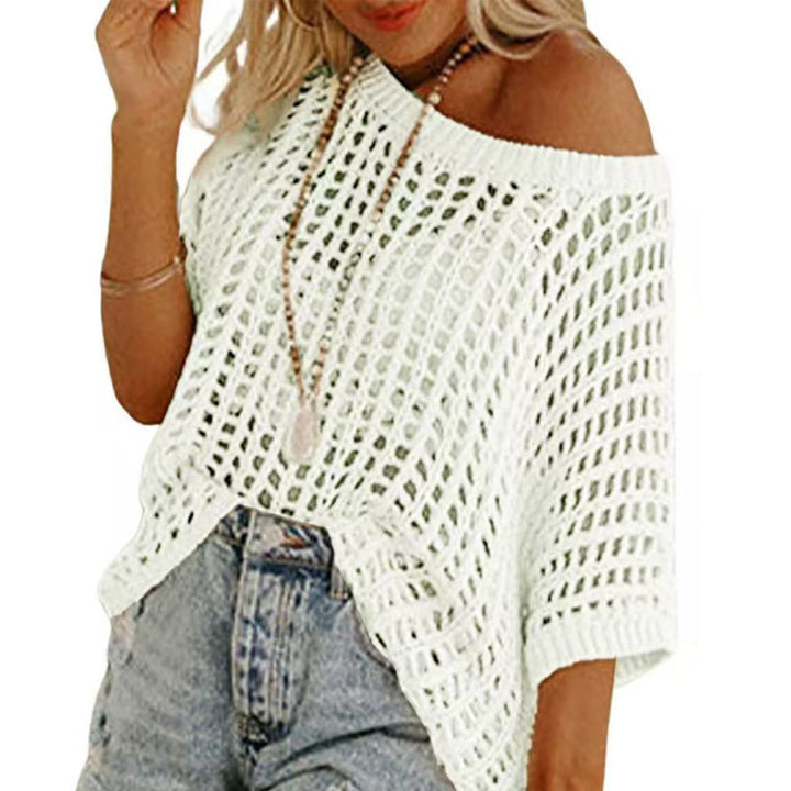 Breathable women's fishnet short sleeve tee. Knit mesh top, ideal for versatile summer and casual outfits.