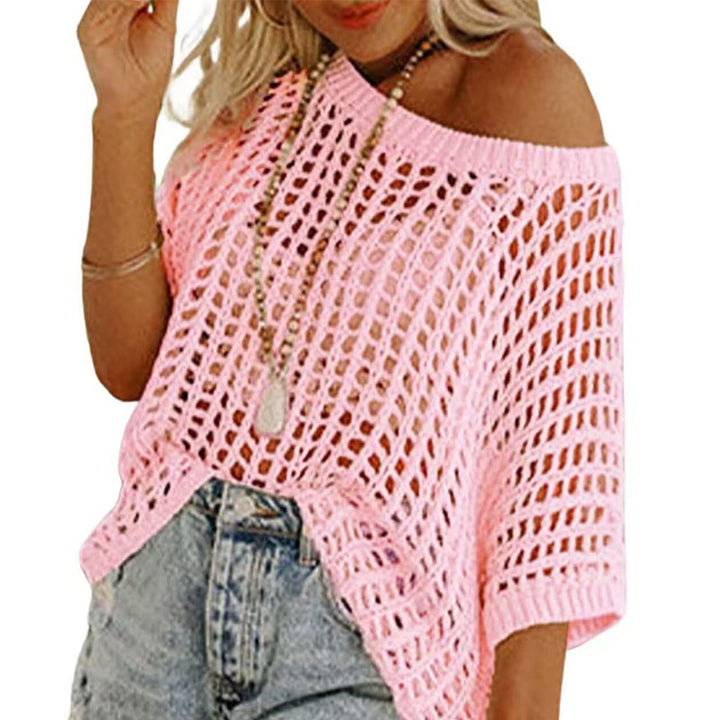 Trendy women's fishnet knit short sleeve tee. Black mesh top, great for layering and fashion-forward styles.