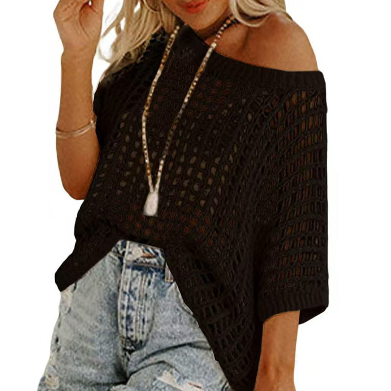 Fashionable women's fishnet knit short sleeve top. Versatile mesh tee, ideal for trendy summer outfits.
