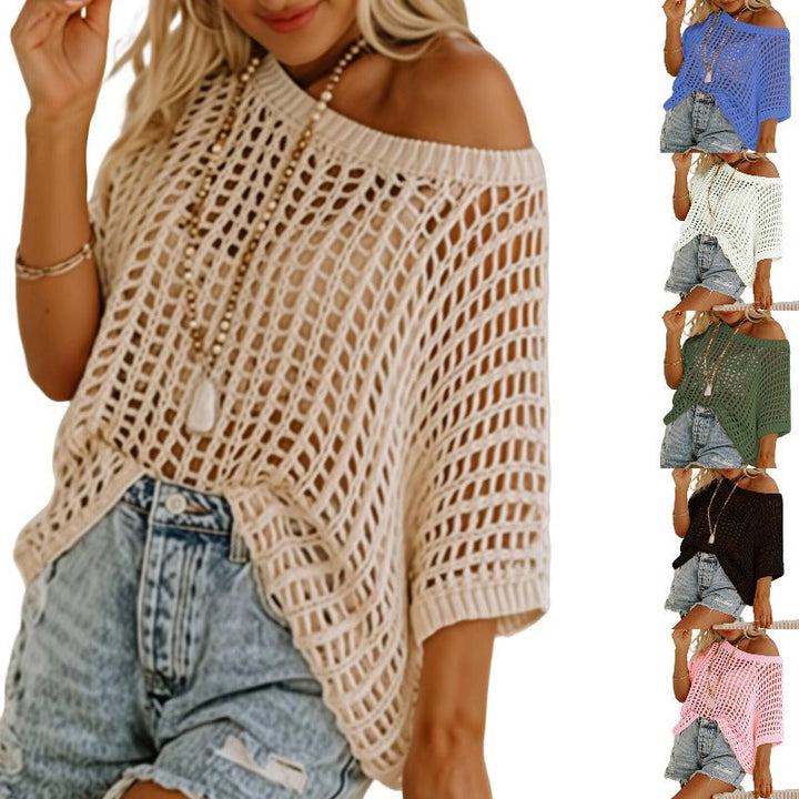 Women's fishnet short sleeve tee in knit mesh. Casual round neck top, great for stylish layering.