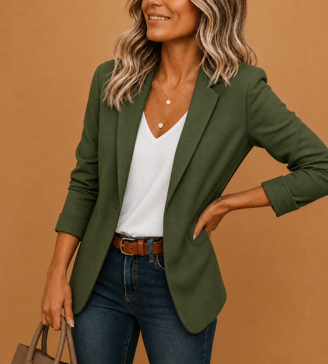 Elegant women's tailored one-button blazer. Slim-fit design for professional attire & sophisticated business casual wear.