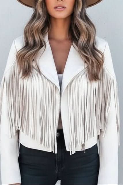 Trendsetting women's fringed moto jacket, a versatile fall/spring outerwear piece with biker style.