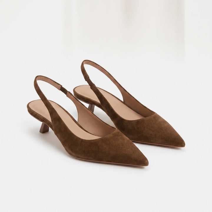 Women's pointed toe kitten heel slingback sandals. Comfortable & stylish slip-on heels for formal or evening wear.
