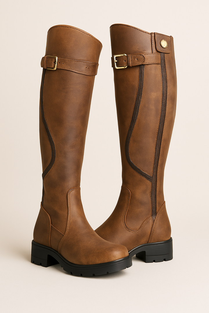 Women's black knee high riding boots with gold buckle detail & sturdy lug sole. Perfect for fall & winter equestrian style.