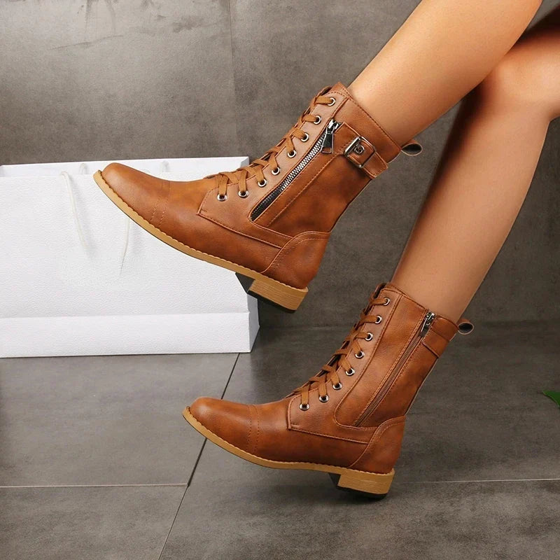 Women's black lace-up ankle boots with side zipper, durable sole for comfort & everyday wear.
