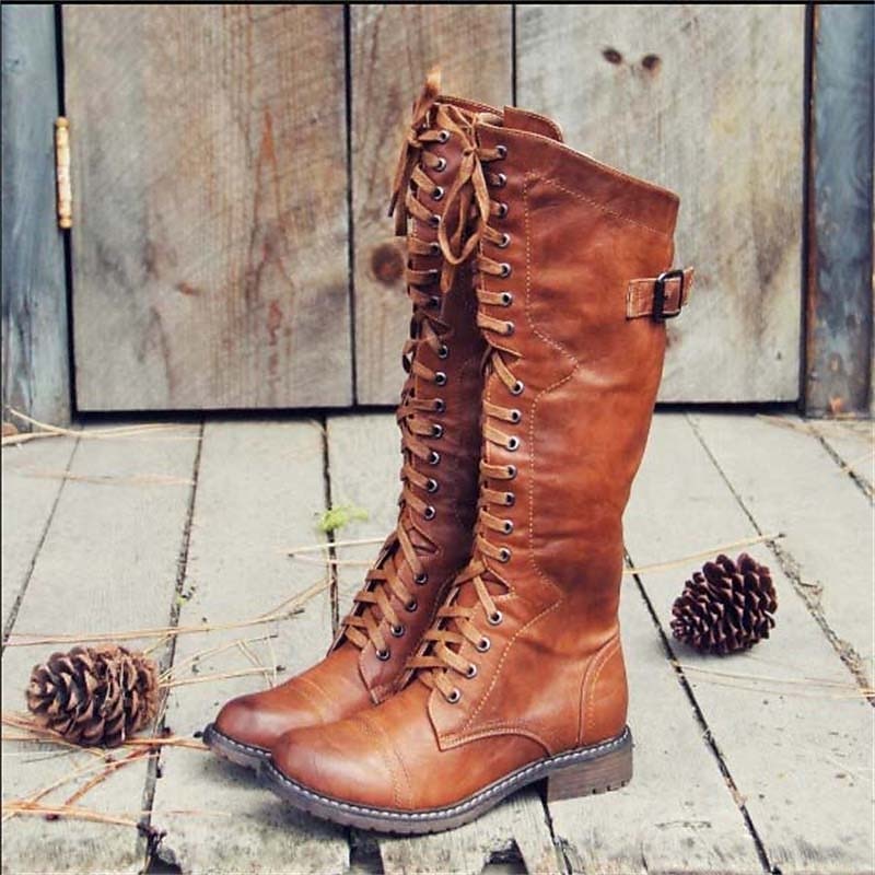Women's black lace-up knee-high riding boots, perfect for casual everyday fall & winter style and comfort.