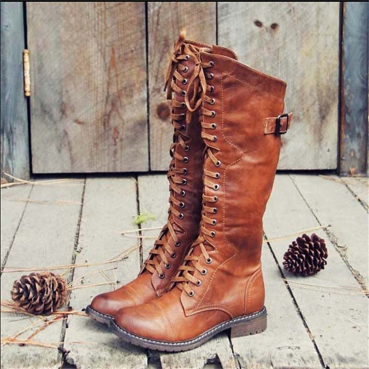 Women's black lace-up knee-high riding boots, perfect for casual everyday fall & winter style and comfort.