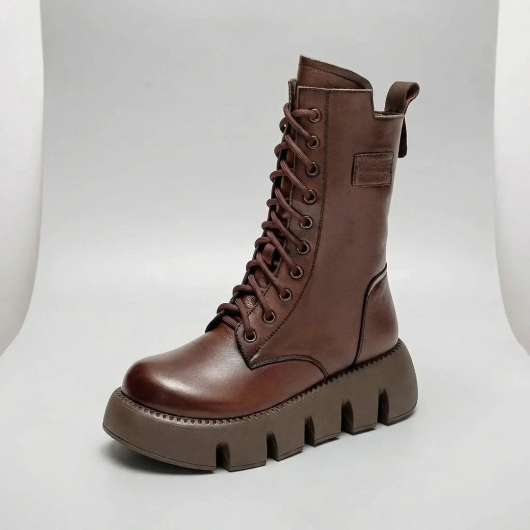 Women's comfortable arch support lace-up combat boots, black platform design, ideal for edgy everyday style.