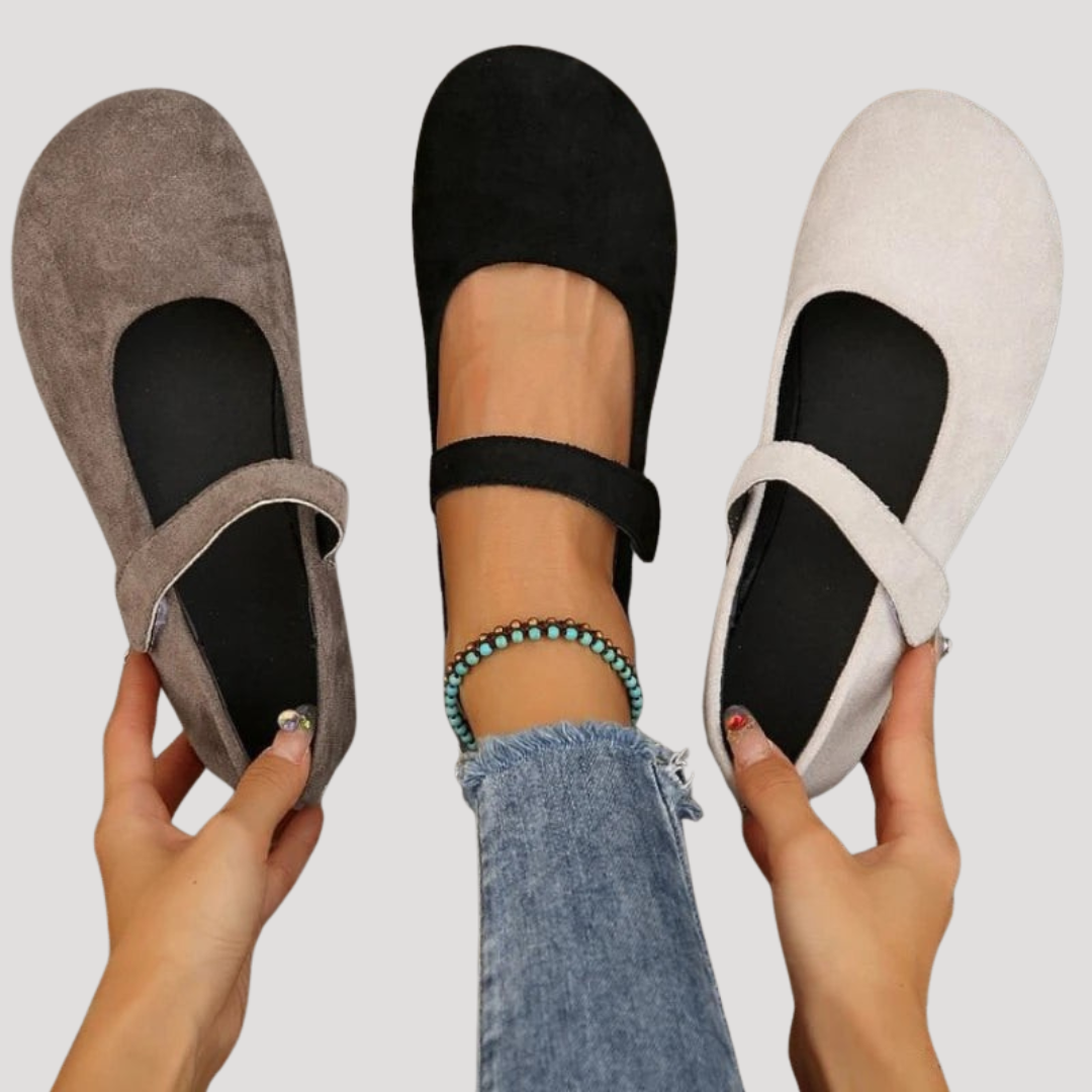 Comfortable women's cushioned Mary Jane flats, classic design with a practical Velcro strap.