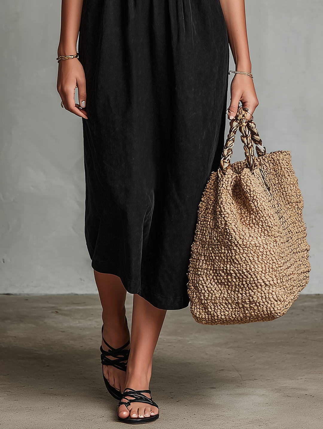 Sleeveless black midi dress for women featuring intricate floral embroidery and a flattering square neckline.