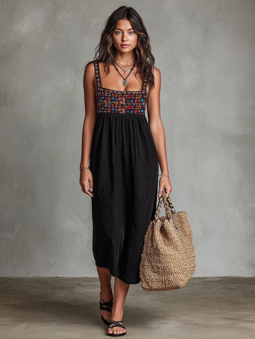 Floral embroidered black midi dress with square neck, sleeveless design, and a comfortable, flowing skirt for women.
