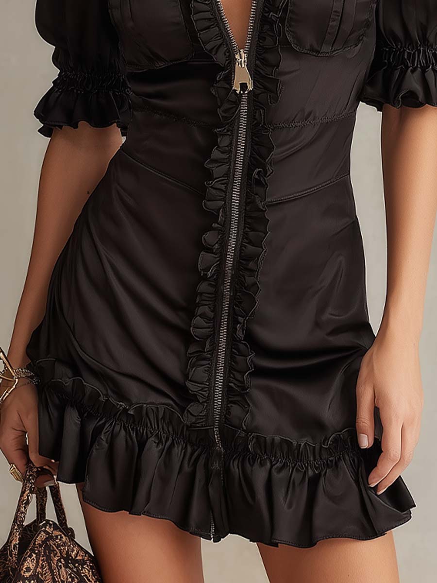 Women's elegant black mini party dress with a stylish zip front, puff sleeves, and ruffle details for a chic look.