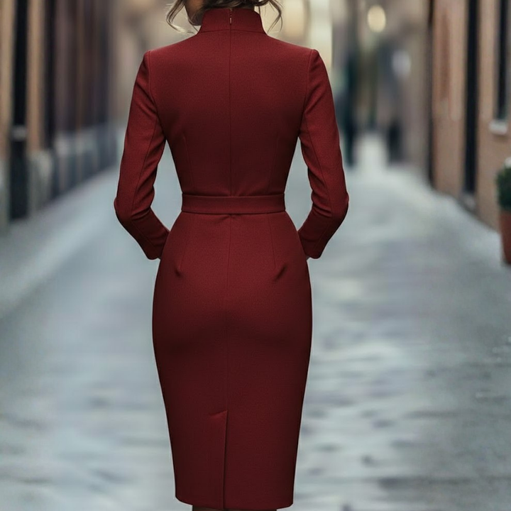 Stylish women's black pencil dress, mock wrap front, three-quarter sleeves. Elegant, fitted, and perfect for office or formal.