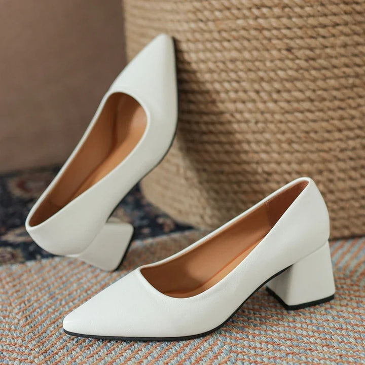 Women's black pointed toe block heel pumps, perfect office & formal event footwear.