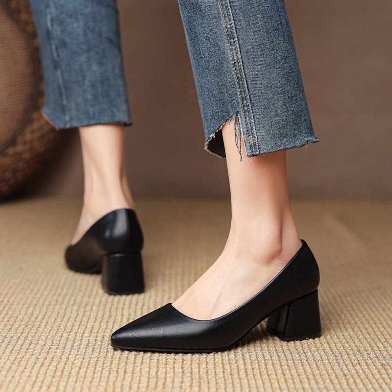 Comfortable women's pointed toe block heel pumps, ideal professional work shoes for office.