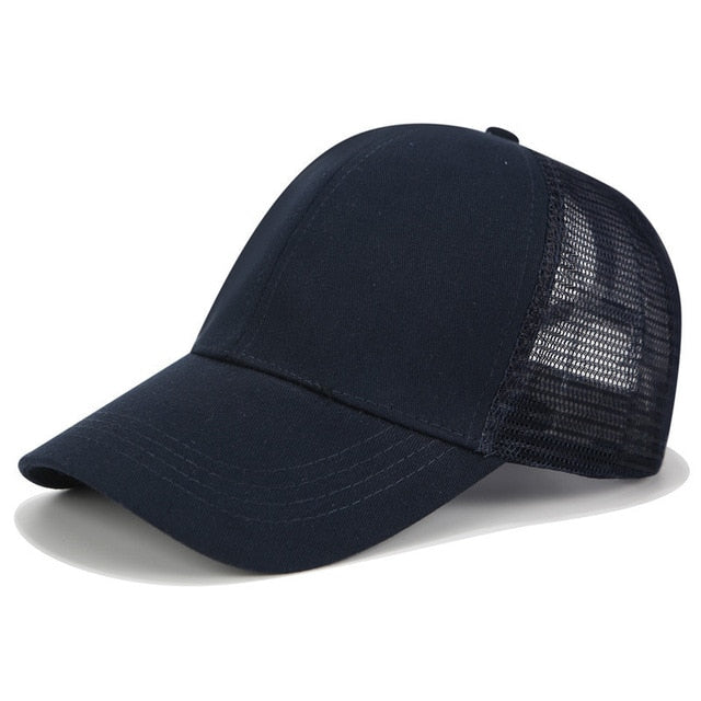 Sun protection black women's ponytail baseball cap, adjustable for outdoor activities & high hair styles.