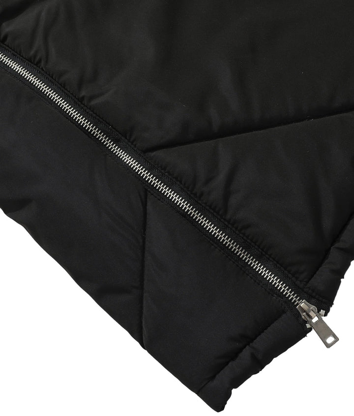 Close-up of the hood on a women's stylish quilted puffer vest, providing extra warmth