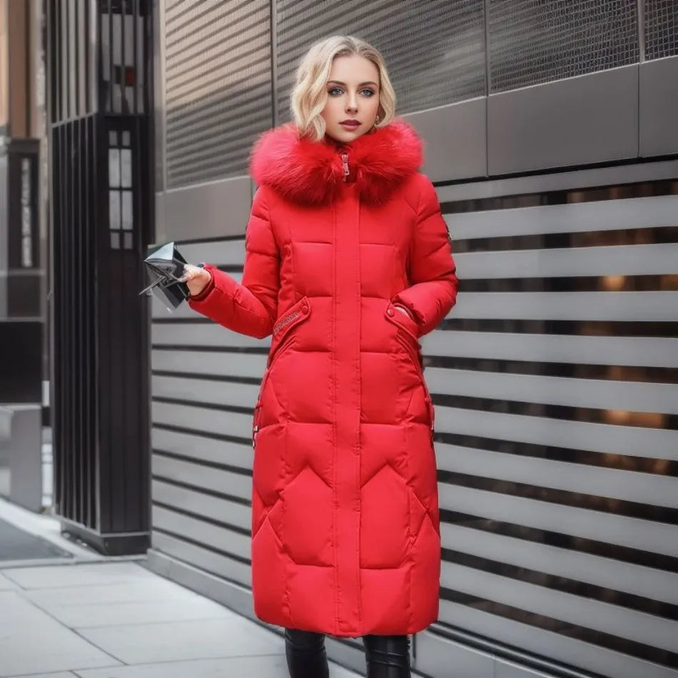 Side view of a women's black quilted winter coat, hooded, showcasing its warm and bulky design