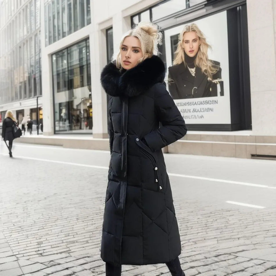 Women's warm and insulated black quilted winter coat featuring a comfortable hood