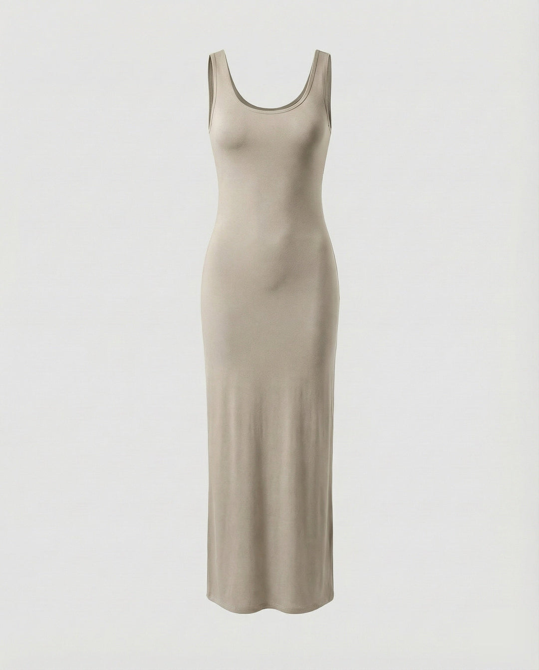 Woman in scoop neck sleeveless bodycon maxi dress, showing comfortable movement & style.