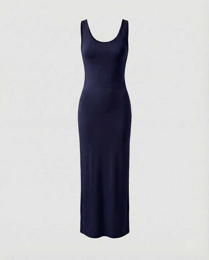 Simple chic women's black scoop neck sleeveless bodycon maxi dress, a timeless wardrobe staple.