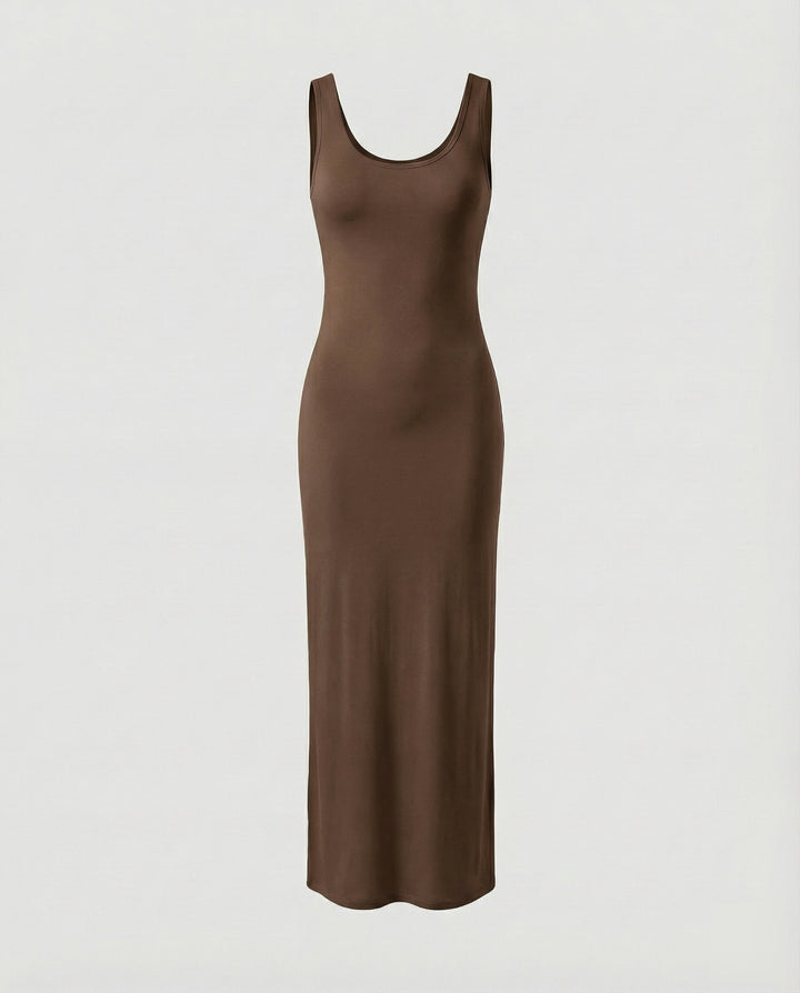 Soft stretch women's scoop neck sleeveless bodycon maxi dress for comfortable all-day wear.