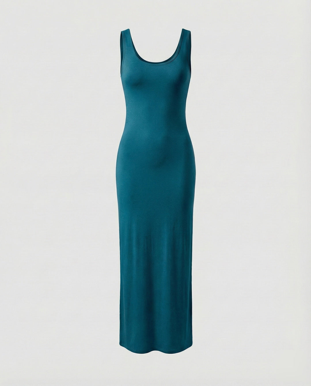 Woman modeling stylish scoop neck sleeveless bodycon maxi dress, showcasing its flattering fit.