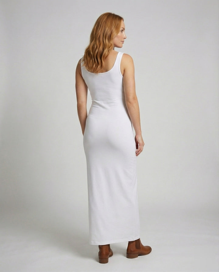 Elegant women's bodycon maxi dress with scoop back detail, ideal for everyday summer fashion.