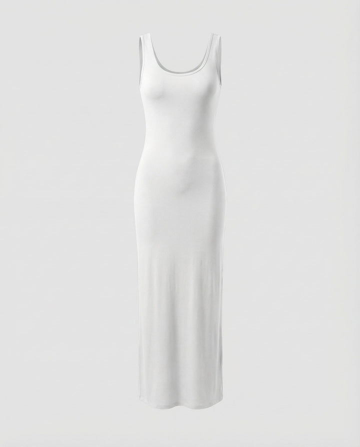 Stretchy knit scoop neck bodycon maxi dress for women, showcasing comfortable fabric.