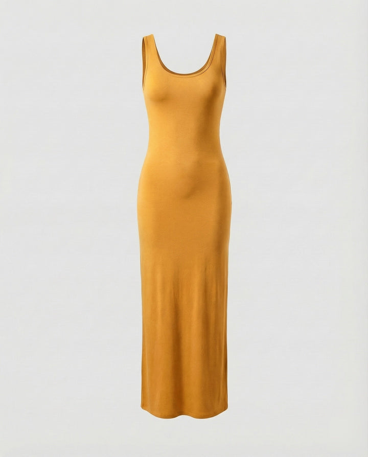 Versatile women's black bodycon maxi dress, dressed up for an elegant evening look.