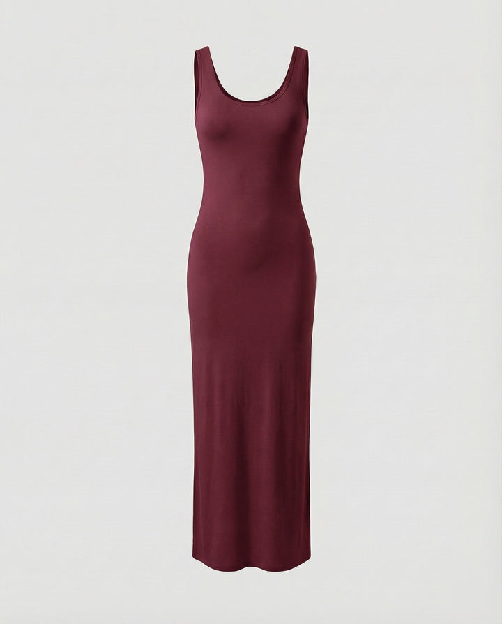 White scoop neck sleeveless bodycon maxi dress, a chic and casual everyday women's dress.