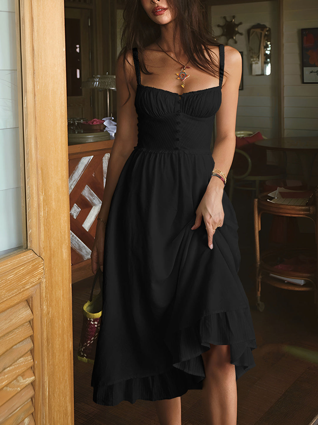 Stylish women's midi dress, sleeveless cami with a delicate ruffle hem detail for comfort.