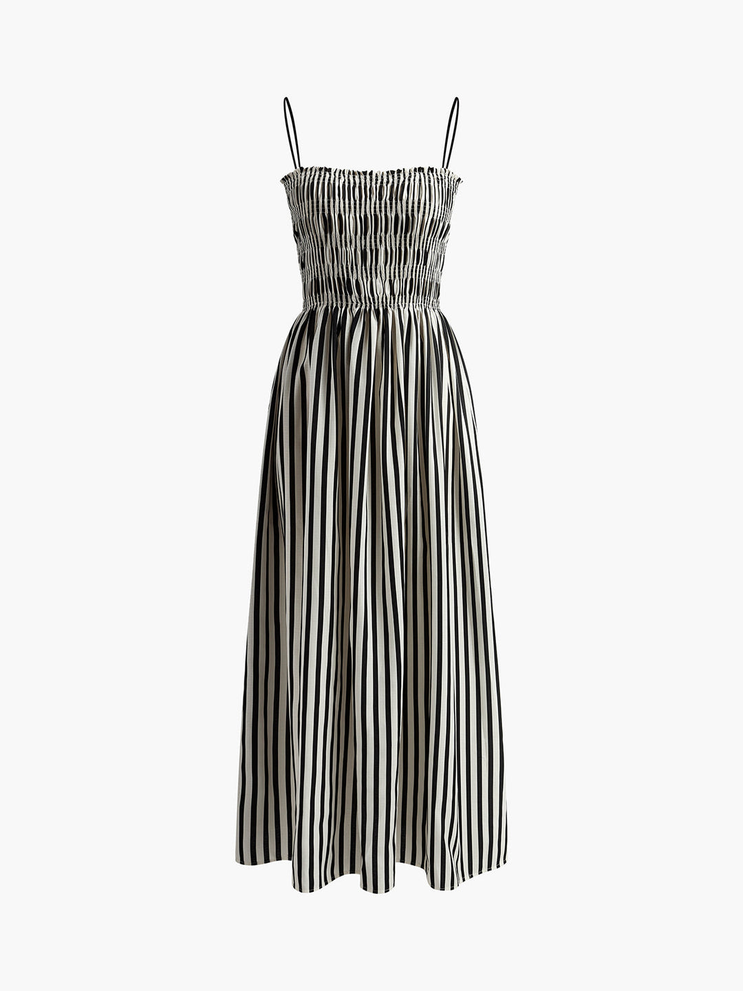 Woman wearing a flowing black pinstripe maxi dress with smocked top, a strappy summer dress for casual outings.