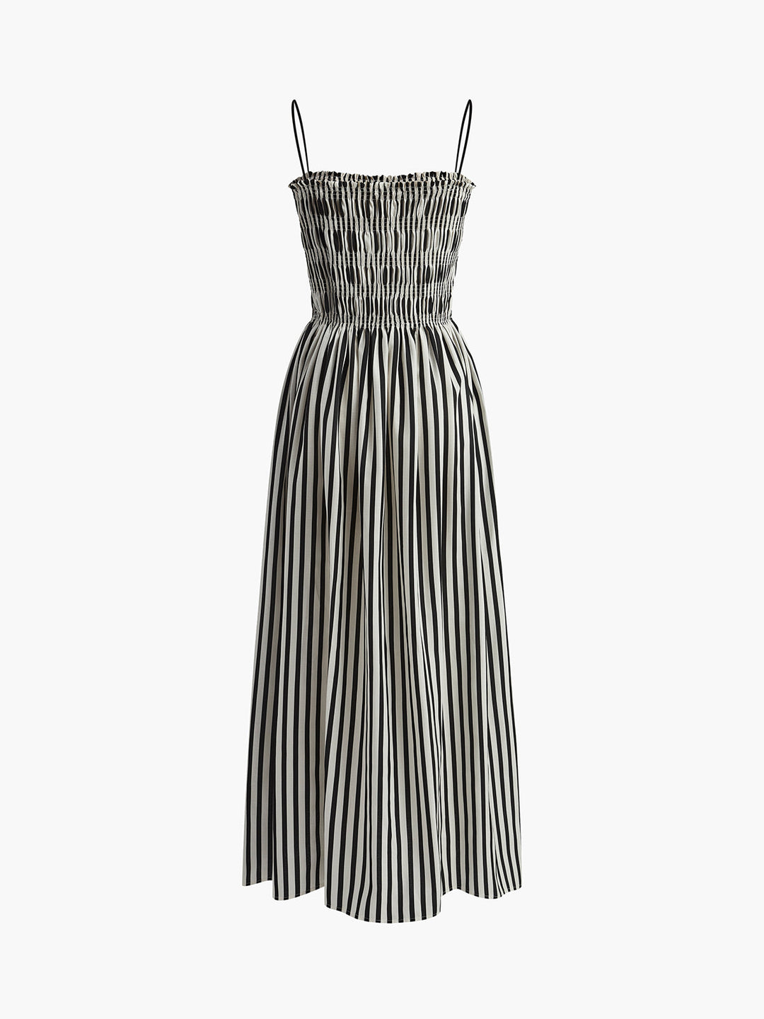 Women's black pinstripe smocked maxi dress, strappy A-line style, ideal for summer, spring, or holiday wear.