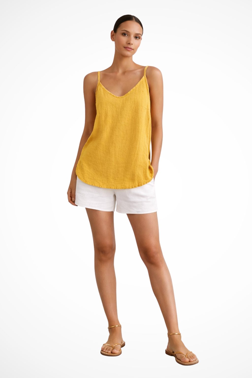 Lightweight women's V-neck cami top with thin spaghetti straps. Relaxed fit for comfortable summer everyday wear.