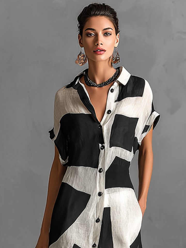 Chic women's black & white color block maxi shirt dress, lapel & short sleeve, a statement boutique piece.