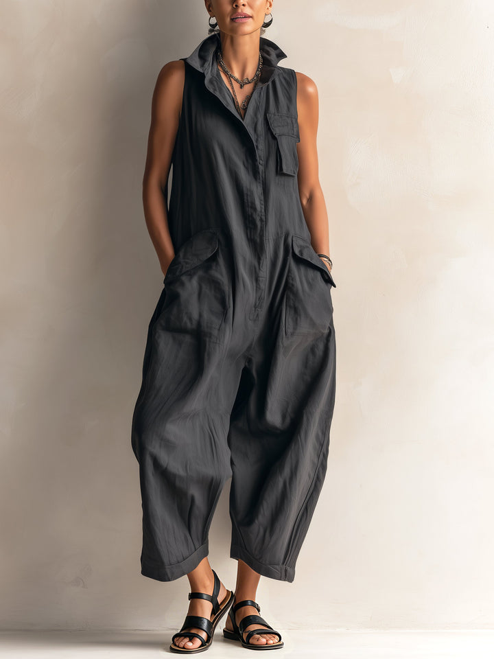 Women's black wide-leg jumpsuit with elegant collar, perfect for chic casual wear or stylish travel outfit.
