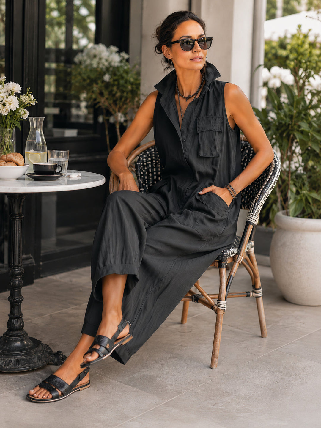 Chic women's black jumpsuit with a stylish collar and wide leg design, offering an effortless & comfortable summer outfit.