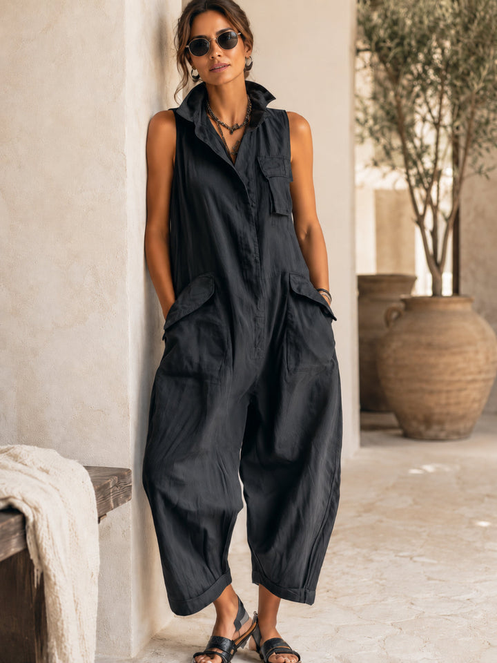Elegant women's black wide-leg jumpsuit, sleeveless with a smart collar. Perfect for a comfortable yet chic everyday look.