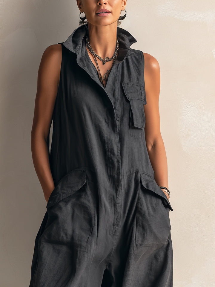Casual yet stylish black wide-leg jumpsuit for women, featuring a crisp collar & comfortable sleeveless design for summer.