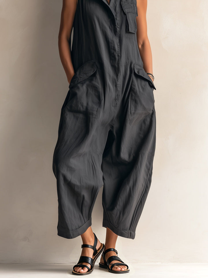 Versatile women's black wide-leg jumpsuit with a chic collar, an effortless choice for stylish casual or travel outfits.