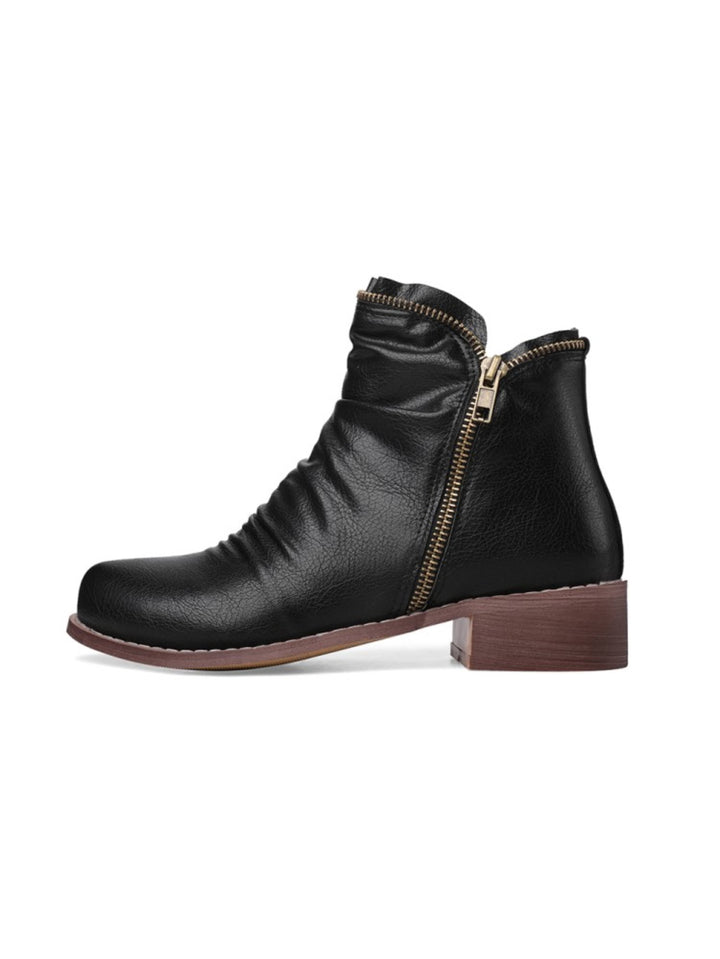 Chic women's low heel western ankle boots. Wrinkled design, double zip closure for fall fashion.