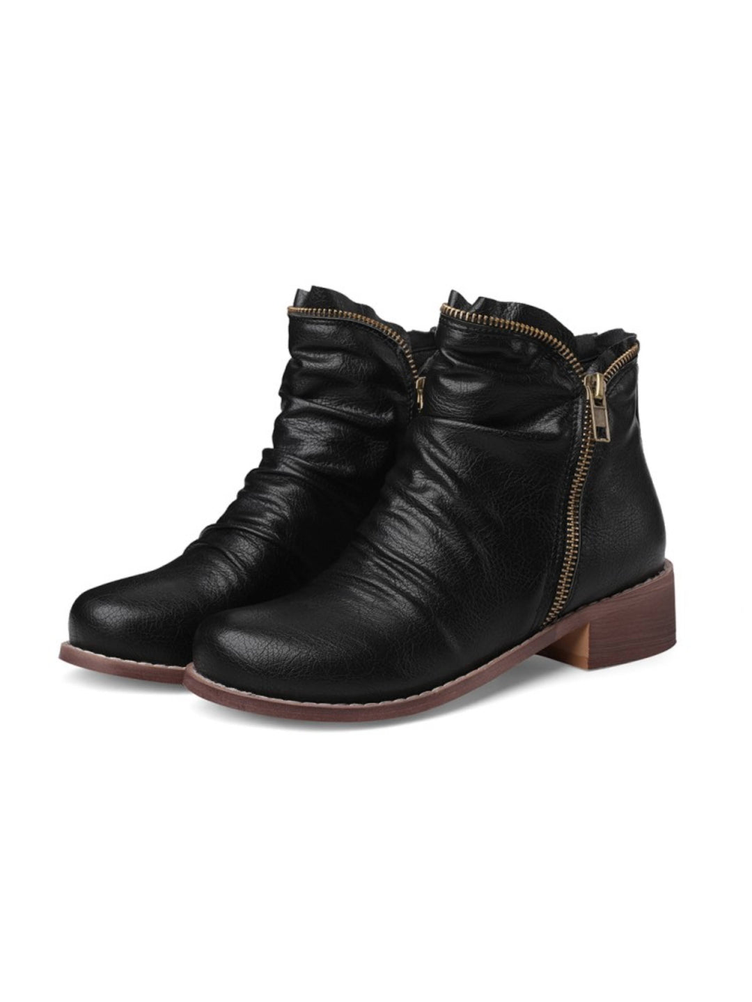 Women's double zipper ankle boots. Black, wrinkled, low western heel for everyday comfort.