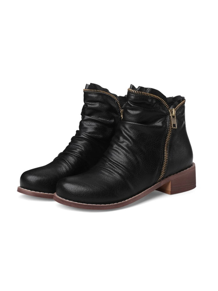 Women's double zipper ankle boots. Black, wrinkled, low western heel for everyday comfort.