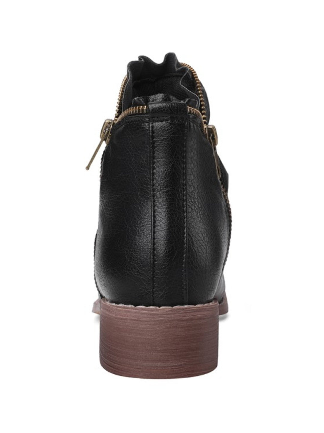 Fashionable women's round toe black boots. Low western heel, wrinkled texture, & double zip.